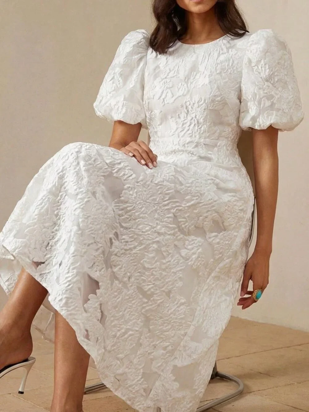 White Preppy Women's Romantic Rose 3D V-Neck Petal Sleeve Cinched Waist Dress